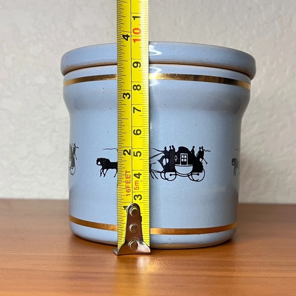 Vintage Denby England Stoneware Lidded Crock Blue Horse Carriage Stagecoach 4
